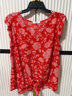 Beacon Red Floral V-Neck Tie-Front Blouse